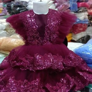 Premium Magenta Shimmery Baby Dress Ball Gown with sequined lace borders, flutter ruffle sleeves, and tiered voluminous net design - HKD927 - Kiddleplace