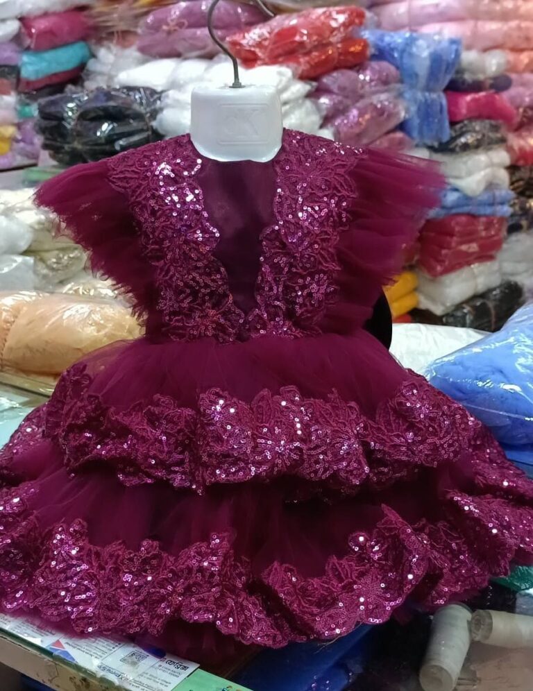 Premium Magenta Shimmery Baby Dress Ball Gown with sequined lace borders, flutter ruffle sleeves, and tiered voluminous net design - HKD927 - Kiddleplace