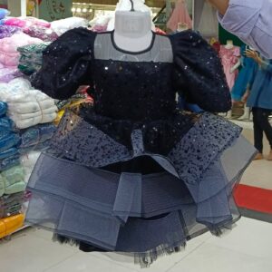 Premium Navy Blue Shimmery Baby Dress Ball Gown with all-over sequin embroidery, puffed sleeves, and tiered fluffy net ruffles - HKD923 - Kiddleplace