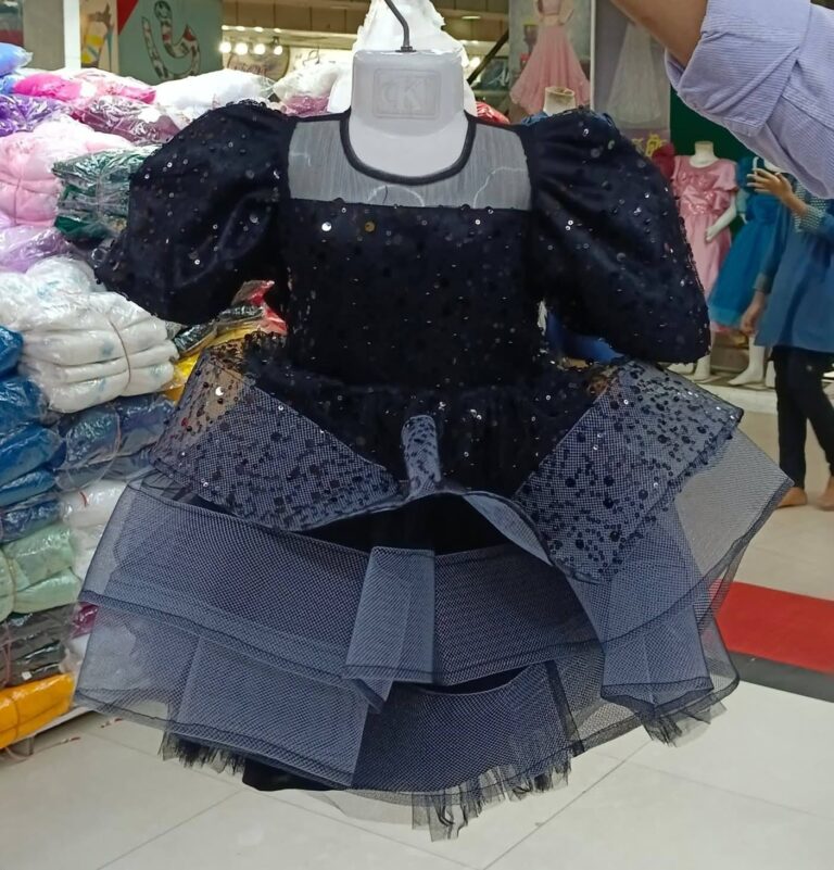 Premium Navy Blue Shimmery Baby Dress Ball Gown with all-over sequin embroidery, puffed sleeves, and tiered fluffy net ruffles - HKD923 - Kiddleplace