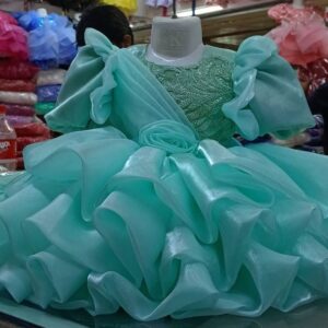 Premium Paste Green Baby Ball Gown with heavy intricate embroidery, puffed ruffle sleeves, and a 3D rose waistline - HKD913 - Kiddleplace