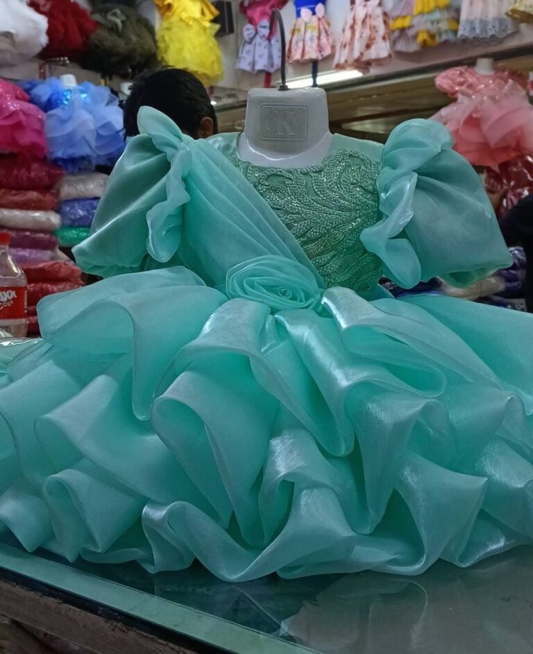 Premium Paste Green Baby Ball Gown with heavy intricate embroidery, puffed ruffle sleeves, and a 3D rose waistline - HKD913 - Kiddleplace
