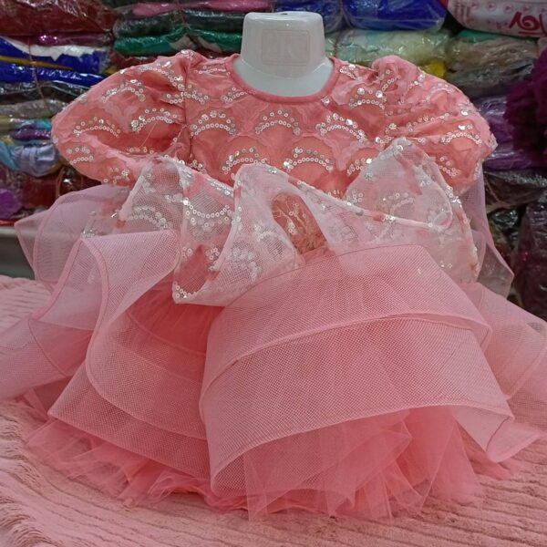 Premium Peach Shimmery Baby Dress Ball Gown with floral sequin embroidery, puffed sleeves, and tiered voluminous net ruffles - HKD924 - Kiddleplace