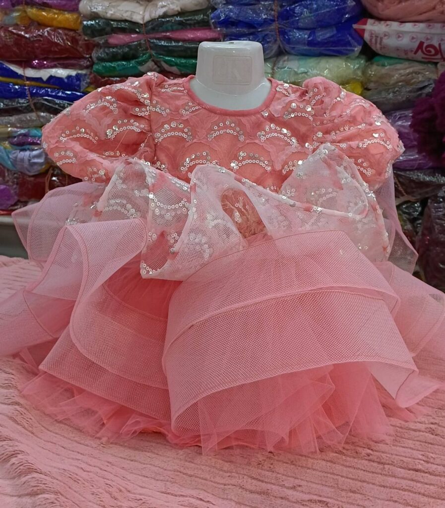Premium Peach Shimmery Baby Dress Ball Gown with floral sequin embroidery, puffed sleeves, and tiered voluminous net ruffles - HKD924 - Kiddleplace