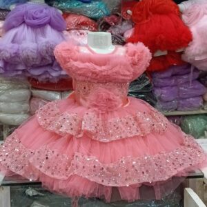 Premium Peach Shimmery Baby Dress Ball Gown with sequined ruffled layers, off-the-shoulder fluffy net design, and floral waist accent - HKD931 - Kiddleplace