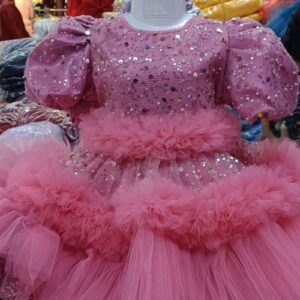 Premium Pink Shimmery Baby Dress Ball Gown with all-over sequin embroidery, puffed sleeves, and tiered fluffy net ruffles - HKD930 - Kiddleplace
