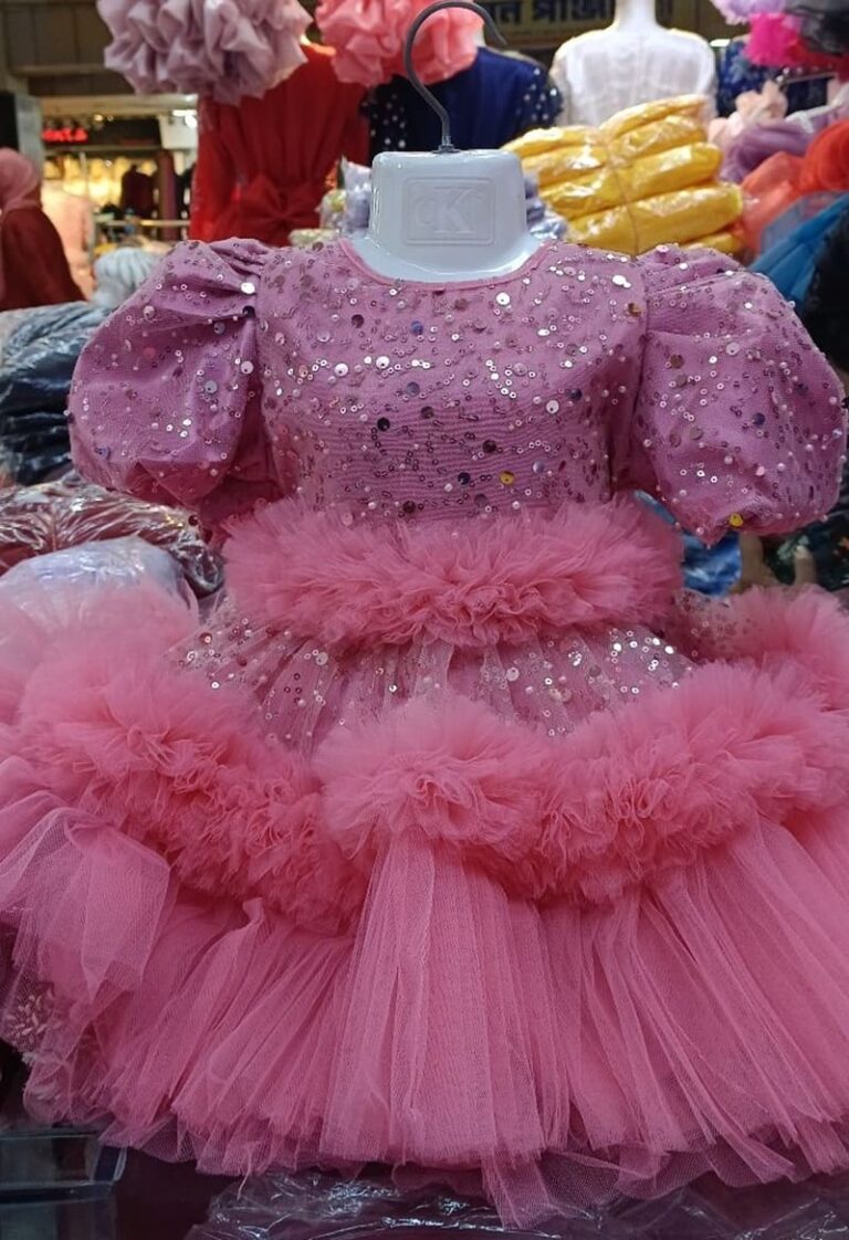 Premium Pink Shimmery Baby Dress Ball Gown with all-over sequin embroidery, puffed sleeves, and tiered fluffy net ruffles - HKD930 - Kiddleplace