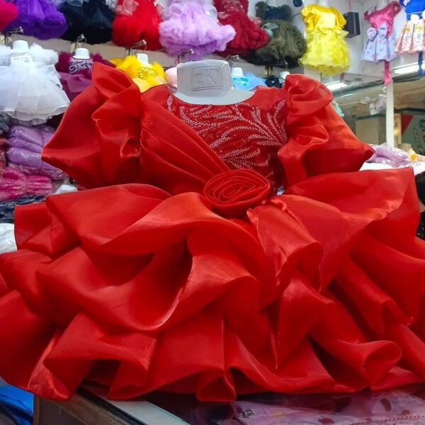 Premium Red Baby Ball Gown with heavy pearl-beaded embroidery, puffed ruffle sleeves, and a 3D rose waistline - HKD904 - Kiddleplace