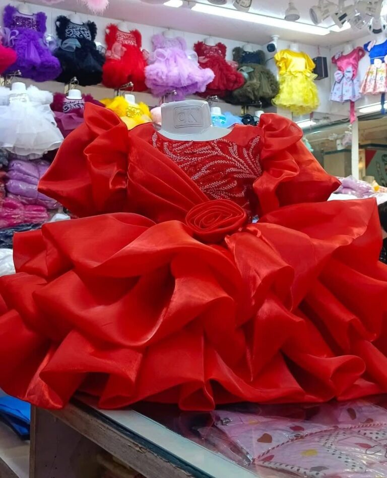 Premium Red Baby Ball Gown with heavy pearl-beaded embroidery, puffed ruffle sleeves, and a 3D rose waistline - HKD904 - Kiddleplace