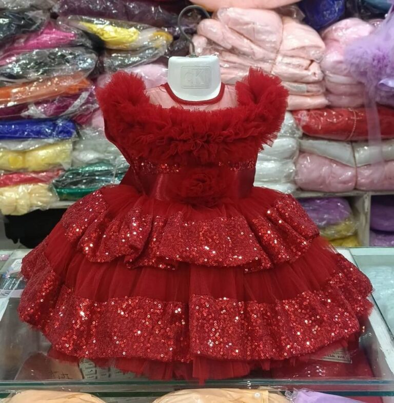 Premium Red Shimmery Baby Dress Ball Gown with sequined tiered ruffles, off-the-shoulder fluffy net design, and floral waist accent - HKD929 - Kiddleplace