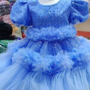 Premium Blue Shimmery Baby Dress Ball Gown with all-over sequin embroidery, puffed sleeves, and tiered fluffy net ruffles - HKD915 - Kiddleplace