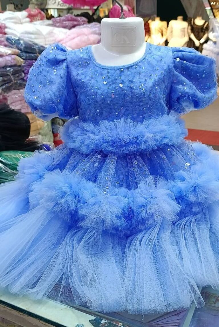 Premium Blue Shimmery Baby Dress Ball Gown with all-over sequin embroidery, puffed sleeves, and tiered fluffy net ruffles - HKD915 - Kiddleplace
