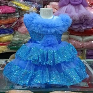 Premium Royal Blue Shimmery Baby Dress Ball Gown with sequined tiered ruffles, off-the-shoulder fluffy net design, and floral waist accent - HKD926 - Kiddleplace