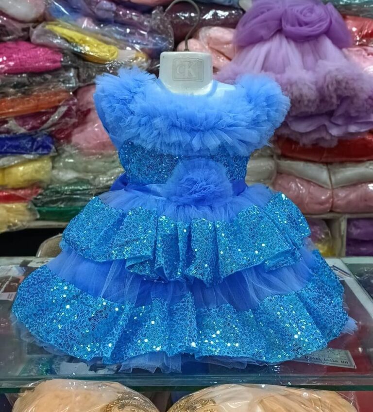 Premium Royal Blue Shimmery Baby Dress Ball Gown with sequined tiered ruffles, off-the-shoulder fluffy net design, and floral waist accent - HKD926 - Kiddleplace