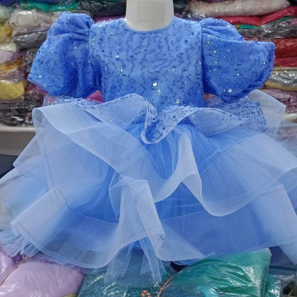 Premium Sky Blue Shimmery Baby Dress Ball Gown with all-over sequin embroidery, puffed sleeves, and tiered fluffy net ruffles - HKD921 - Kiddleplace