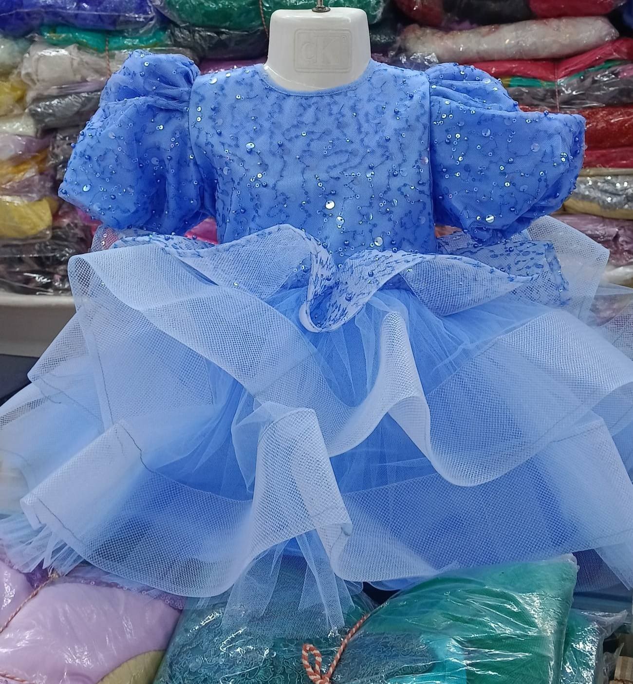 Premium Sky Blue Shimmery Baby Dress Ball Gown with all-over sequin embroidery, puffed sleeves, and tiered fluffy net ruffles - HKD921 - Kiddleplace