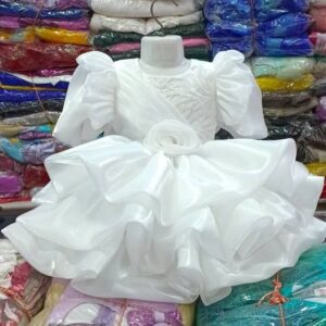 Premium White Baby Ball Gown with intricate embroidery, puffed ruffle sleeves, and a 3D rose waistline - HKD912 - Kiddleplace