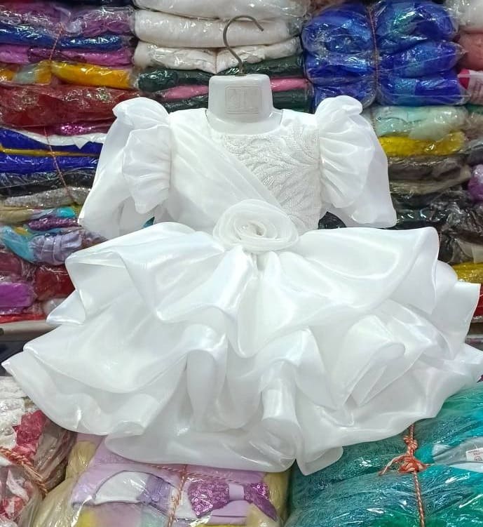 Premium White Baby Ball Gown with intricate embroidery, puffed ruffle sleeves, and a 3D rose waistline - HKD912 - Kiddleplace