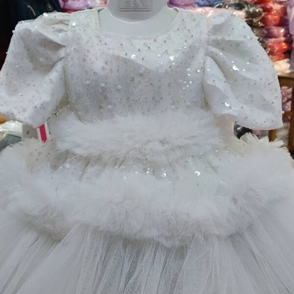 Premium White Shimmery Baby Ball Gown with all-over sequin embroidery, puffed sleeves, and tiered net ruffles - HKD918 - Kiddleplace