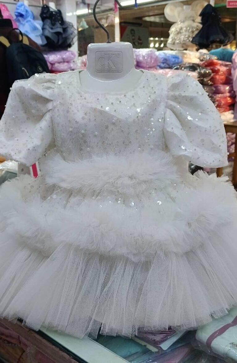 Premium White Shimmery Baby Ball Gown with all-over sequin embroidery, puffed sleeves, and tiered net ruffles - HKD918 - Kiddleplace