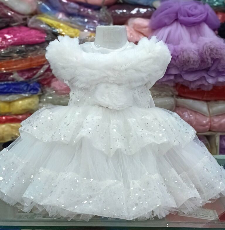 Premium White Shimmery Baby Dress Ball Gown with silver sequined tiered ruffles, off-the-shoulder fluffy net design, and floral waist accent - HKD920 - Kiddleplace