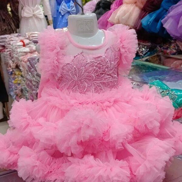 Premium Baby Pink Party Gown for Girls with Large Floral Embroidery and Triple Layered Frill Net - HKD903 - Kiddleplace
