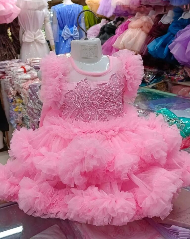 Premium Baby Pink Party Gown for Girls with Large Floral Embroidery and Triple Layered Frill Net - HKD903 - Kiddleplace