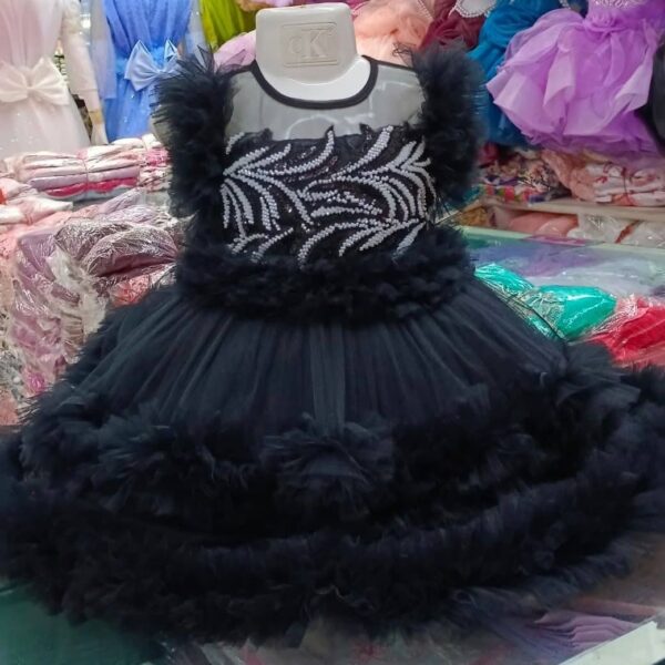 Premium Black Baby Dress Party Gown with Silver Leaf Embroidery and Triple Layered Frill Net - HKD900 - Kiddleplace