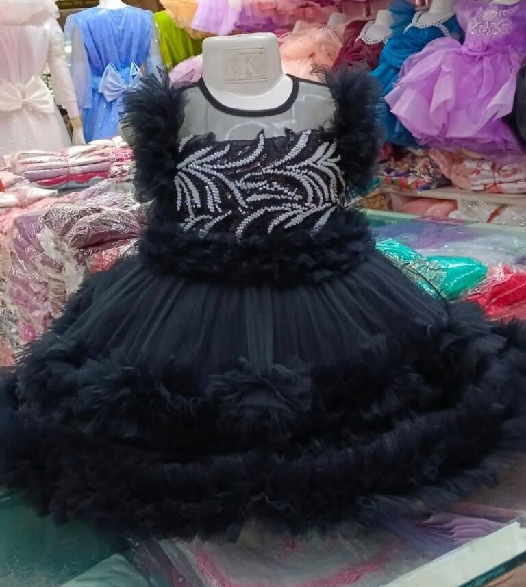 Premium Black Baby Dress Party Gown with Silver Leaf Embroidery and Triple Layered Frill Net - HKD900 - Kiddleplace