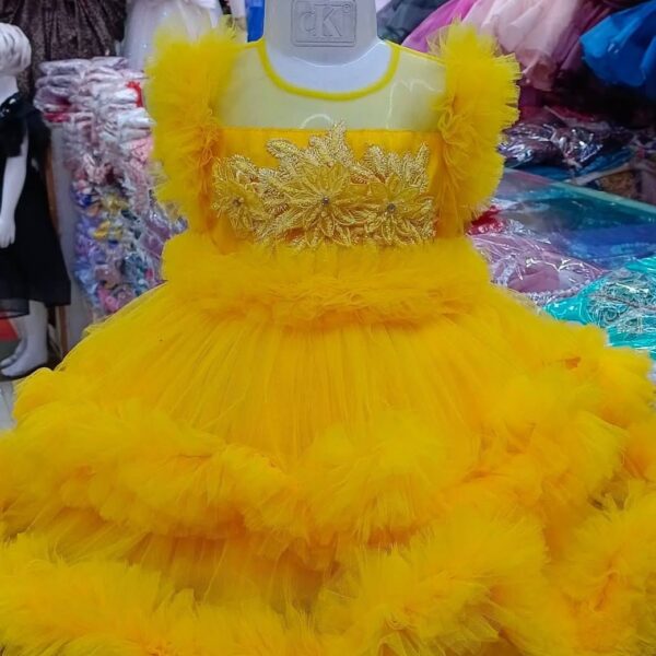 Premium Bright Yellow Baby Dress Party Gown with Golden Floral Embroidery and Multi-Layered Frill Net - HKD901 - Kiddleplace