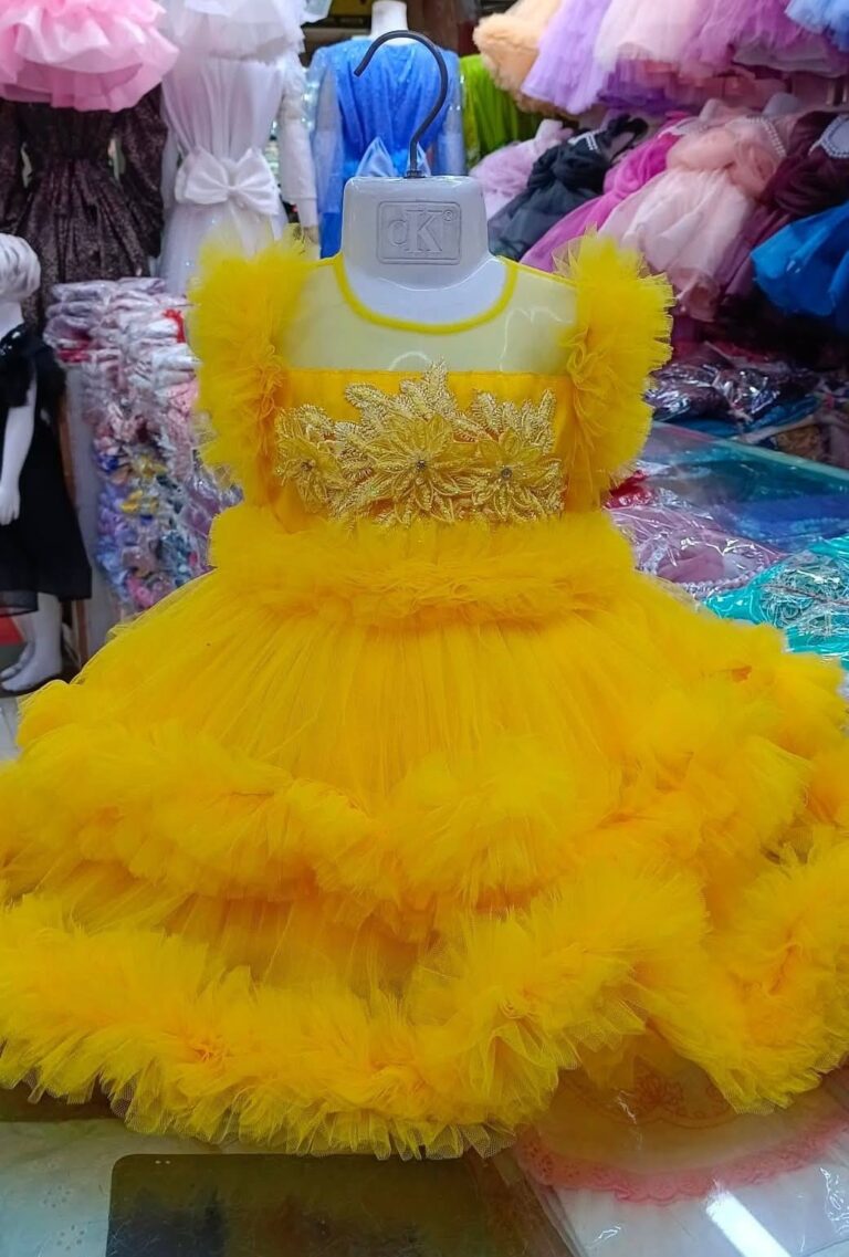 Premium Bright Yellow Baby Dress Party Gown with Golden Floral Embroidery and Multi-Layered Frill Net - HKD901 - Kiddleplace