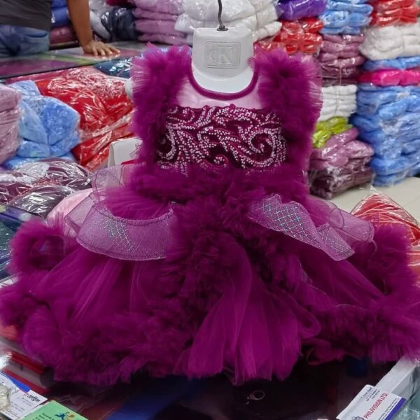 Premium Deep Magenta Baby Dress Party Gown with Silver Embroidery and Layered Net - HKD894 - Kiddleplace