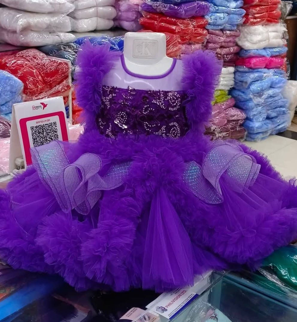Premium Deep Purple Baby Dress Party Gown with Sequin Embroidery and Ruffled Layered Net - HKD896 - Kiddleplace