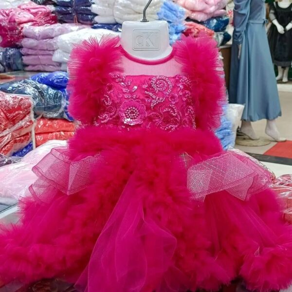 Premium Hot Pink Baby Dress Party Gown with Floral Embroidery and Glittery Layered Net - HKD895 - Kiddleplace