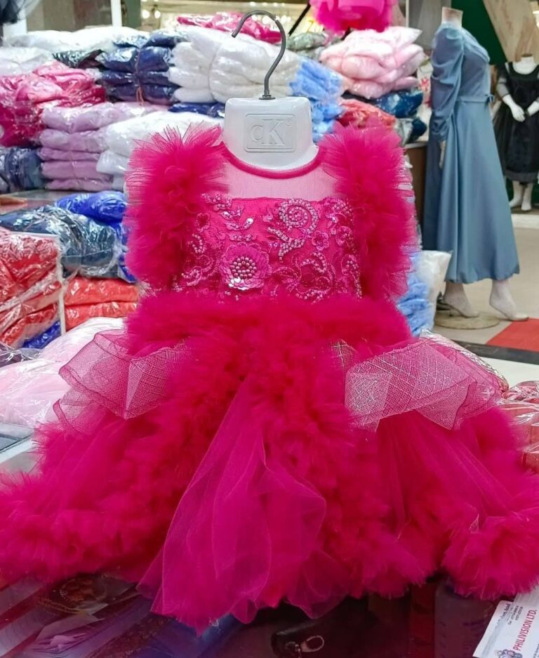 Premium Hot Pink Baby Dress Party Gown with Floral Embroidery and Glittery Layered Net - HKD895 - Kiddleplace