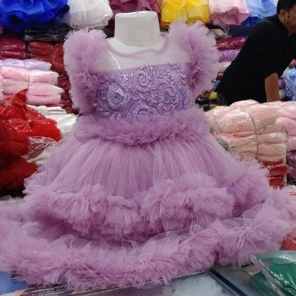 Premium Lavender Baby Dress Party Gown with Purple Floral Embroidery and Multi-Layered Frill Net - HKD904 - Kiddleplace