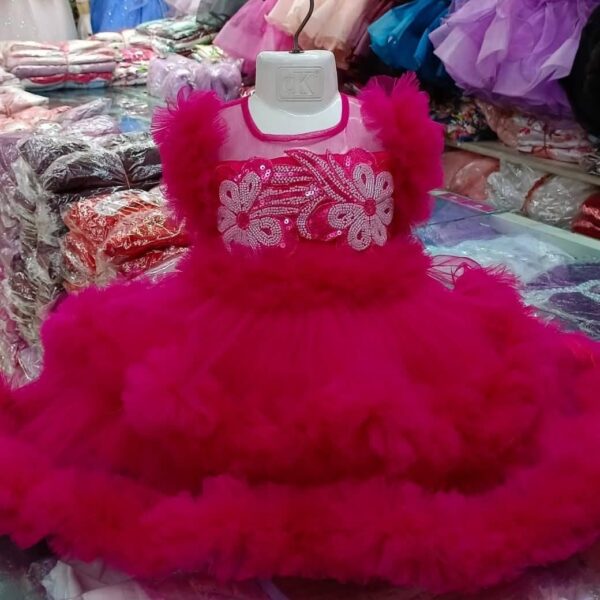 Premium Magenta Pink Baby Dress Party Gown with Large Floral Sequin Embroidery and Ruffled Net - HKD897 - Kiddleplace