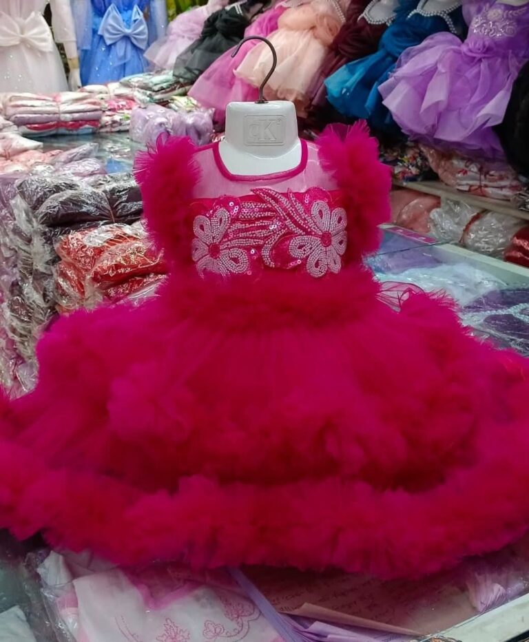 Premium Magenta Pink Baby Dress Party Gown with Large Floral Sequin Embroidery and Ruffled Net - HKD897 - Kiddleplace