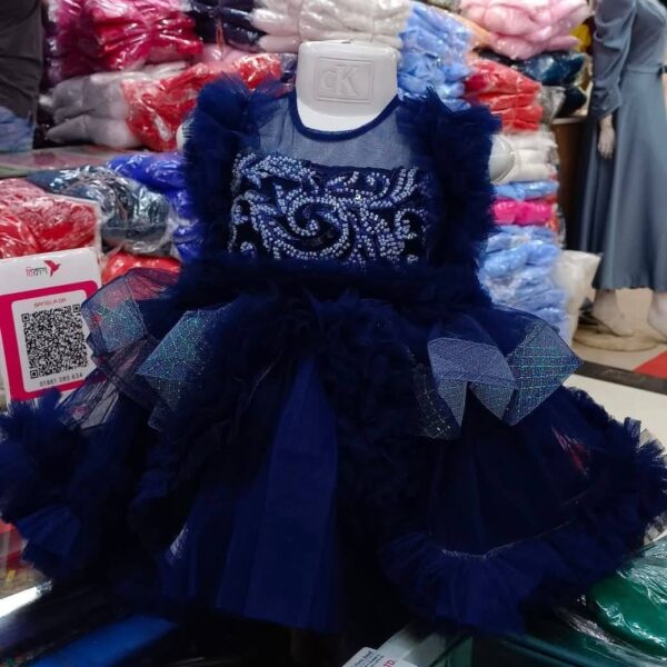 Premium Navy Blue Baby Dress Party Gown with Silver Embroidery and Layered Net - HKD888 - Kiddleplace