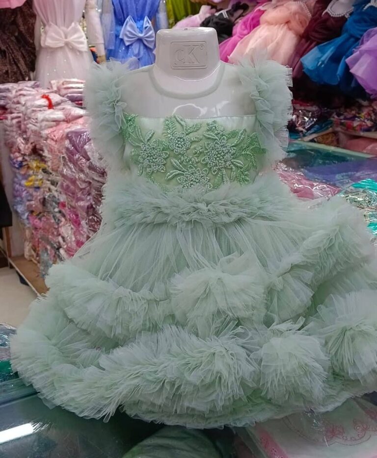 Premium Pastel Green Baby Dress Party Gown with Green Floral Embroidery and Multi-Layered Tulle Net - HKD902 - Kiddleplace