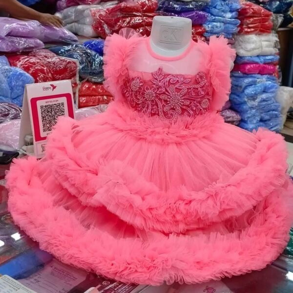 Premium Peach Baby Dress Party Gown with Floral Embroidery and Triple Layered Frill Net - HKD899 - Kiddleplace