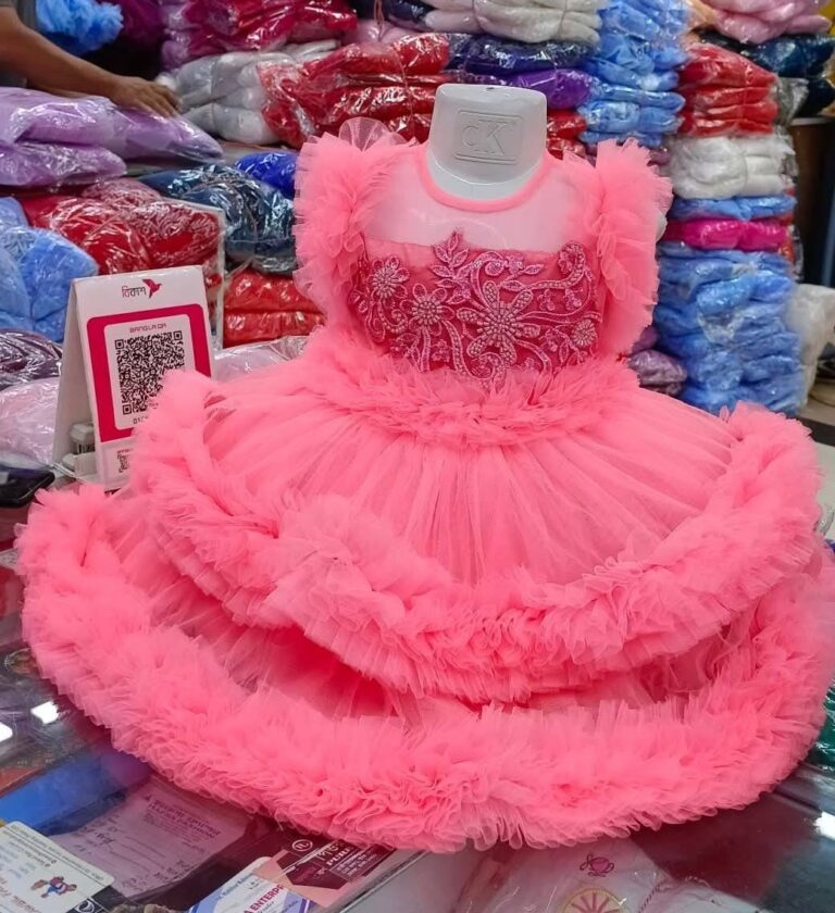 Premium Peach Baby Dress Party Gown with Floral Embroidery and Triple Layered Frill Net - HKD899 - Kiddleplace