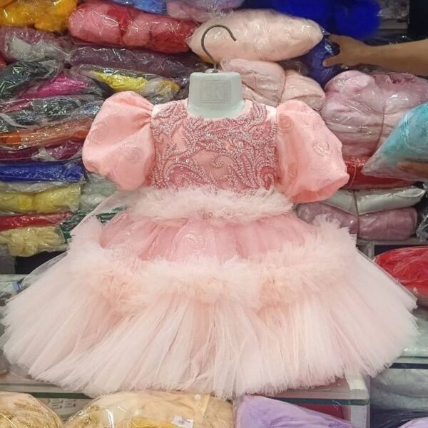 Premium Pink/Peach Shimmery Baby Dress Ball Gown with heavy floral embroidery, puffed sleeves, and layered voluminous tulle ruffles - HKD917 - Kiddleplace