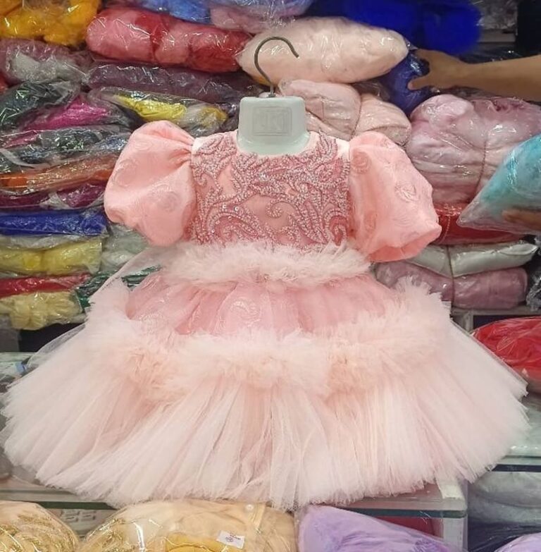 Premium Pink/Peach Shimmery Baby Dress Ball Gown with heavy floral embroidery, puffed sleeves, and layered voluminous tulle ruffles - HKD917 - Kiddleplace