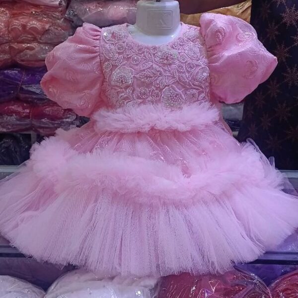 Premium Baby Pink Shimmery Ball Gown for girls with detailed rose embroidery, puffed sleeves, and tiered voluminous tulle ruffles - HKD928 - Kiddleplace