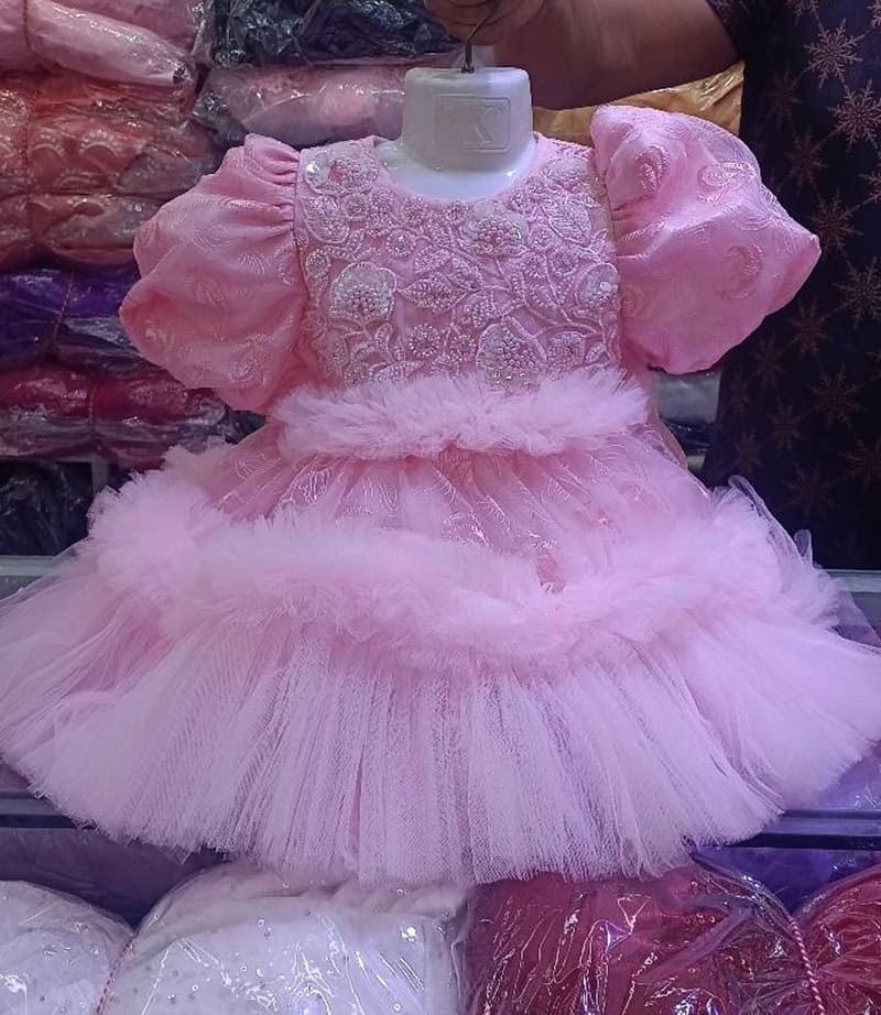 Premium Pink Shimmery Baby Dress Ball Gown with Rose Embroidery & Fluffy Puffed Sleeves HKD928 Premium Baby Pink Shimmery Ball Gown for girls with detailed rose embroidery, puffed sleeves, and tiered voluminous tulle ruffles - HKD928 - Kiddleplace