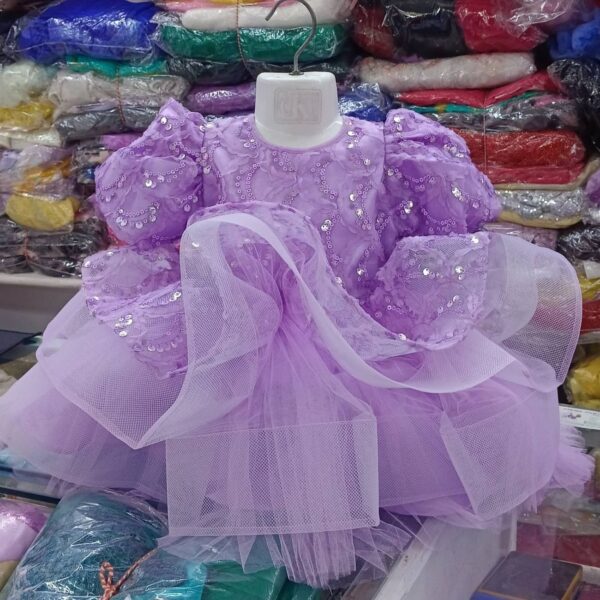 Premium Purple/Lavender Shimmery Baby Dress Ball Gown with all-over floral sequin embroidery, puffed sleeves, and voluminous layered tulle flare - HKD933 - Kiddleplace