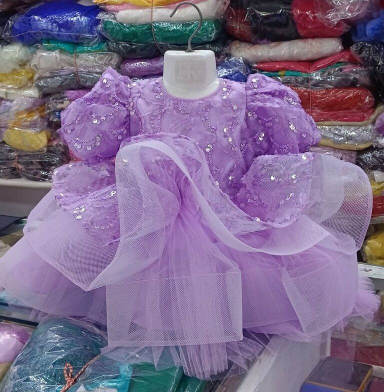 Premium Purple/Lavender Shimmery Baby Dress Ball Gown with all-over floral sequin embroidery, puffed sleeves, and voluminous layered tulle flare - HKD933 - Kiddleplace