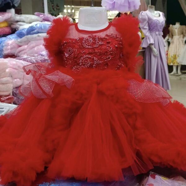 Premium Red Baby Dress Party Gown with Pearl Embroidery and Layered Net - HKD886 - Kiddleplace