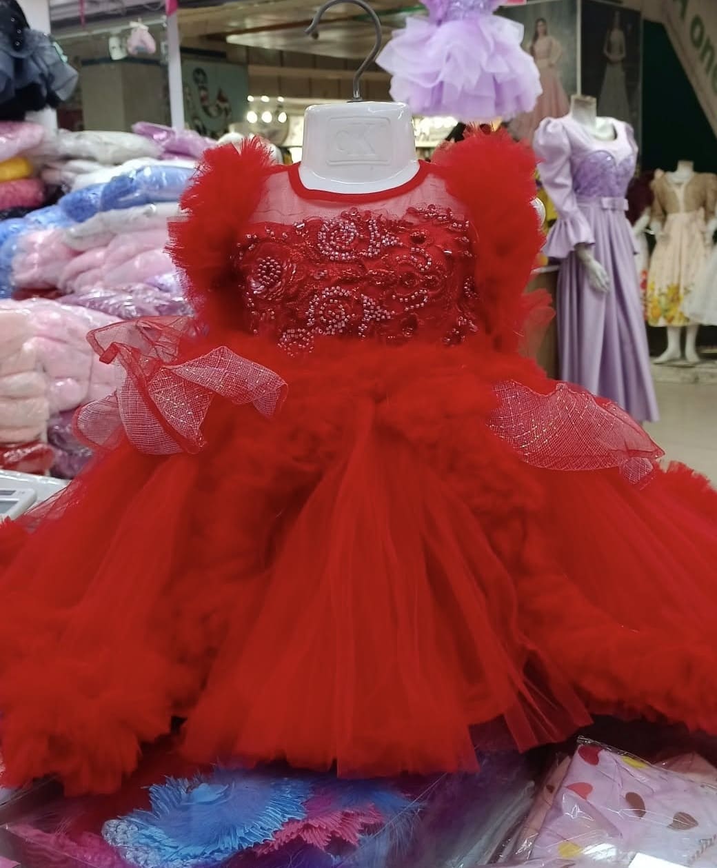 Premium Red Baby Dress Party Gown with Pearl Embroidery and Layered Net - HKD886 - Kiddleplace